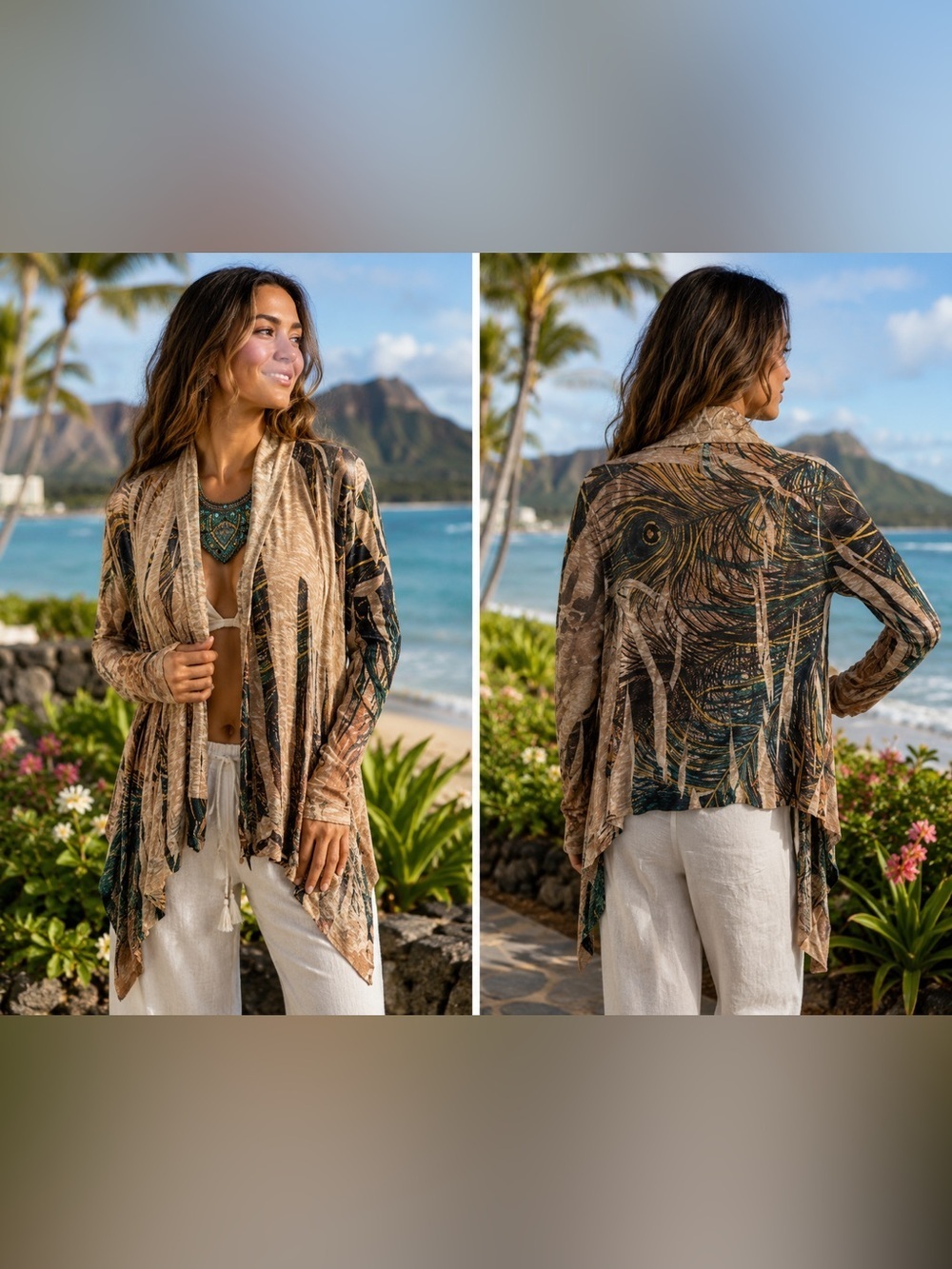 Cookies Clothing Co. Hawaii Tan and Green Peacock Feather Open Cardigan - Size S